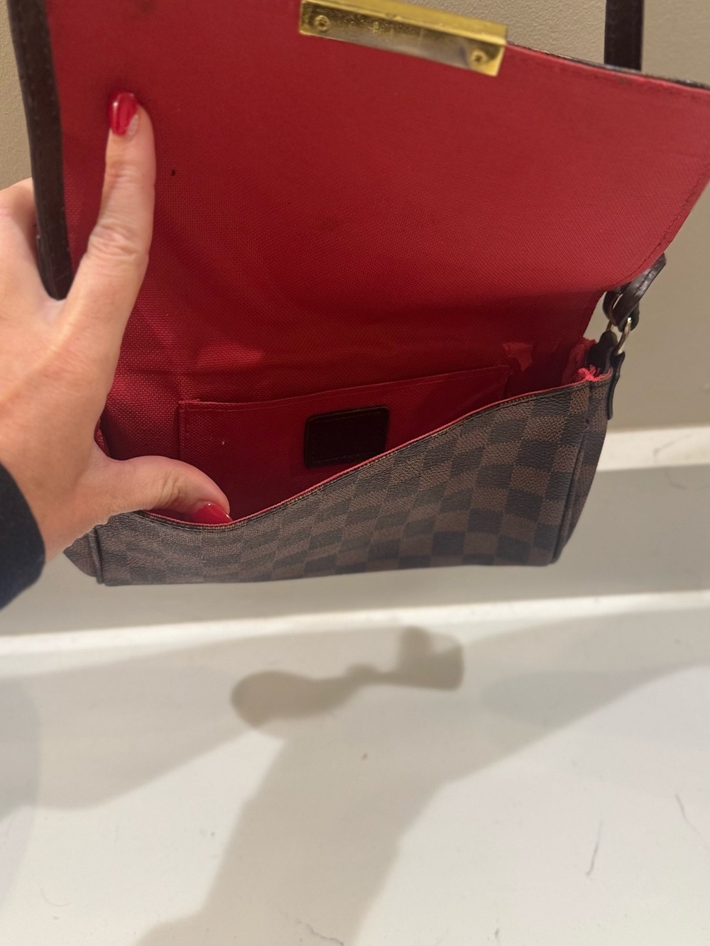 Brown Checkered Crossbody Bag with Gold Hardware - Picture 4 of 5